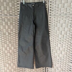 Mango Catherine Coated Denim Pants Waxed Black Wide Leg Trousers Sz 4 Modern